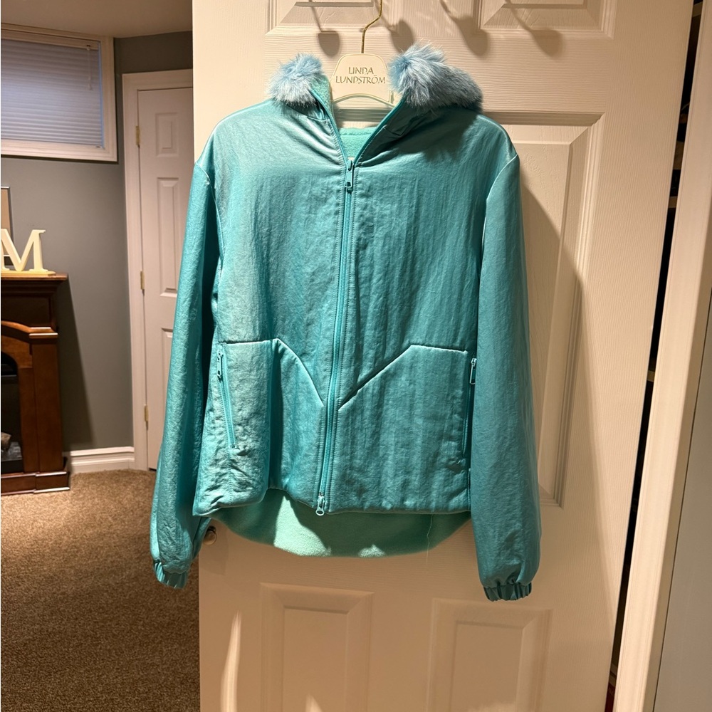Linda Lundstrom Teal Jacket with Faux Fur Hood
